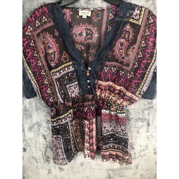 One World Woman's Shirt V-neck Blouse Elastic Waist Short Sleeve Adult Large - Picture 8 of 16